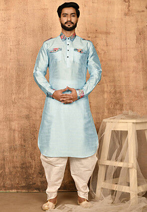 Printed Trim Art Silk Pathani Suit in Sky Blue