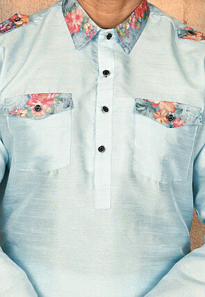 Printed Trim Art Silk Pathani Suit in Sky Blue