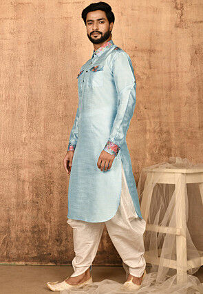 Printed Trim Art Silk Pathani Suit in Sky Blue