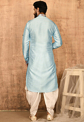 Printed Trim Art Silk Pathani Suit in Sky Blue