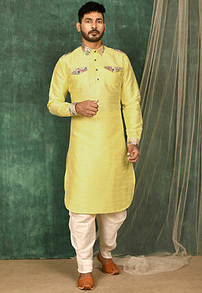 Printed Trim Art Silk Pathani Suit in Yellow