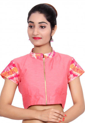 Printed Trim Bhagalpuri Silk Padded Blouse in Pink
