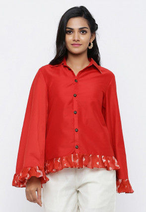 Printed Trim Cotton Silk Top in Red