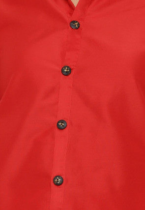 Printed Trim Cotton Silk Top in Red