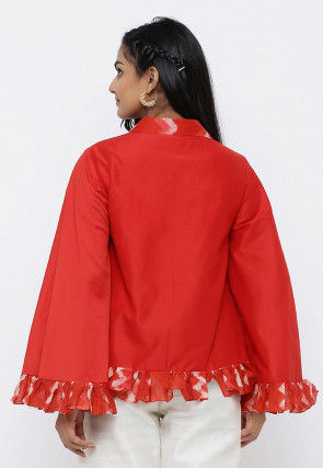 Printed Trim Cotton Silk Top in Red