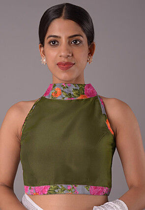 Printed Trim Crepe Blouse in Dark Olive Green