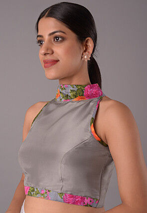 Printed Trim Crepe Blouse in Grey