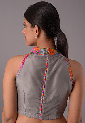 Printed Trim Crepe Blouse in Grey