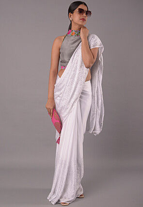 Printed Trim Crepe Blouse in Grey