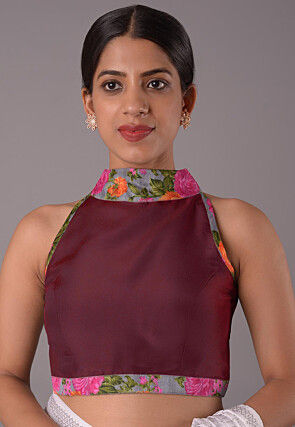 Printed Trim Crepe Blouse in Wine