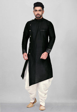 Printed Trim Dupion Silk Asymmetric Kurta Set in Black