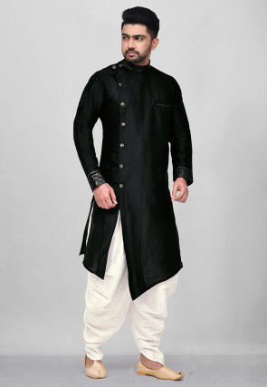 Printed Trim Dupion Silk Asymmetric Kurta Set in Black