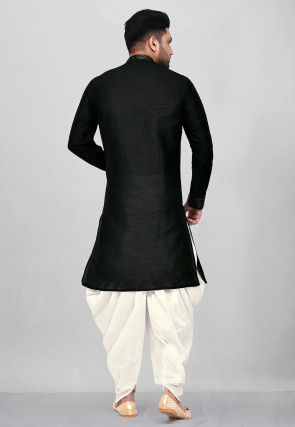 Printed Trim Dupion Silk Asymmetric Kurta Set in Black