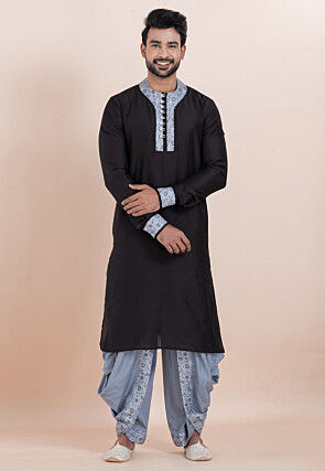 Printed Trim Viscose Silk Kurta Set in Black