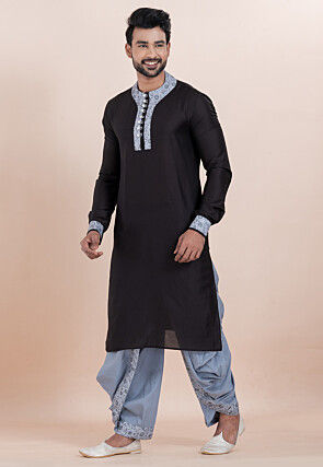 Printed Trim Viscose Silk Kurta Set in Black