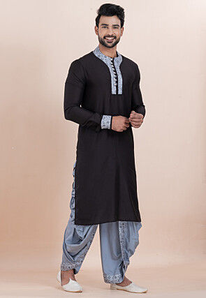 Printed Trim Viscose Silk Kurta Set in Black