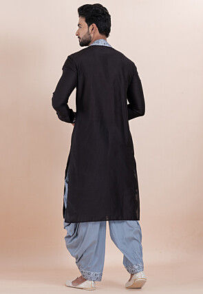 Printed Trim Viscose Silk Kurta Set in Black