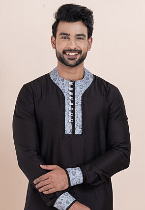 Printed Trim Viscose Silk Kurta Set in Black