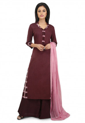 Printed Trims Cotton Straight Suit in Brown