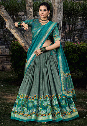 Printed Tussar Silk Lehenga in Grey