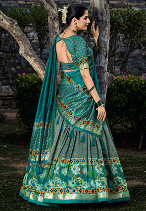 Printed Tussar Silk Lehenga in Grey