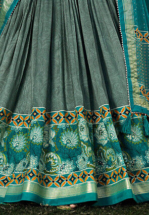 Printed Tussar Silk Lehenga in Grey