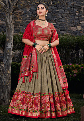 Printed Tussar Silk Lehenga in Fawn