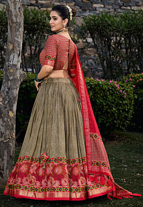Printed Tussar Silk Lehenga in Fawn