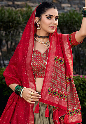 Printed Tussar Silk Lehenga in Fawn