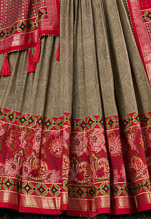 Printed Tussar Silk Lehenga in Fawn
