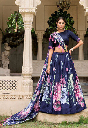 Printed Tussar Silk Lehenga in Navy Blue