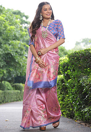 Printed Tussar silk Saree in Baby Pink