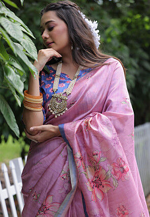 Printed Tussar silk Saree in Baby Pink