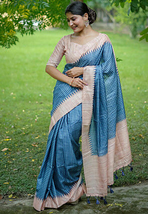 Printed Tussar Silk Saree in Blue