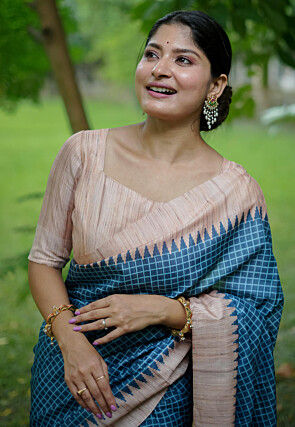 Printed Tussar Silk Saree in Blue