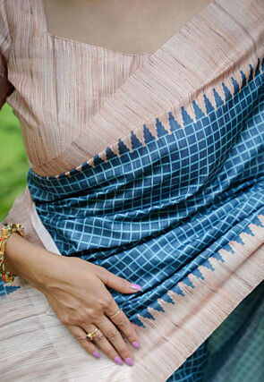 Printed Tussar Silk Saree in Blue