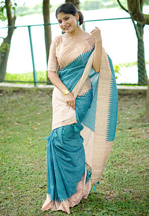 Printed Tussar Silk Saree in Blue