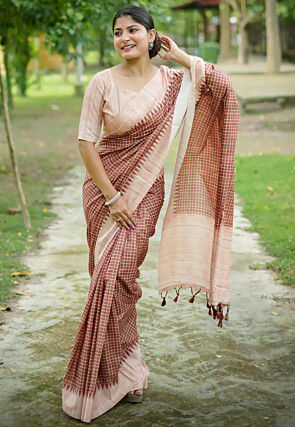 Printed Tussar Silk Saree in Brown