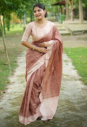 Printed Tussar Silk Saree in Brown