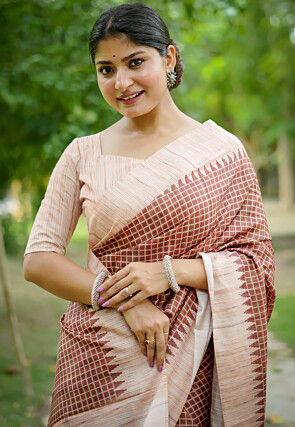 Printed Tussar Silk Saree in Brown