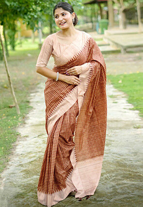 Printed Tussar Silk Saree in Brown
