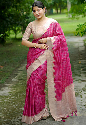 Printed Tussar Silk Saree in Fuchsia