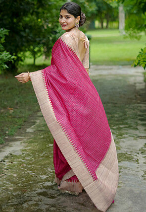 Printed Tussar Silk Saree in Fuchsia
