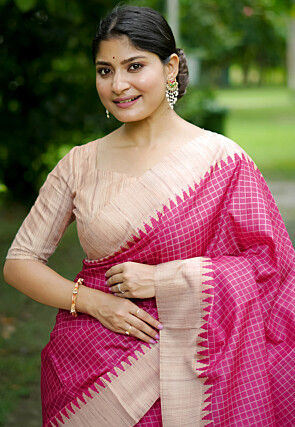 Printed Tussar Silk Saree in Fuchsia