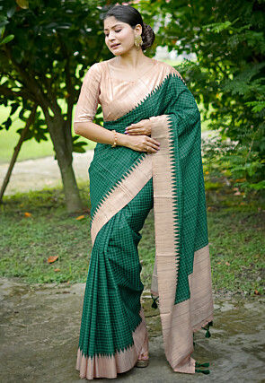 Printed Tussar Silk Saree in Green