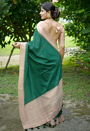 Printed Tussar Silk Saree in Green