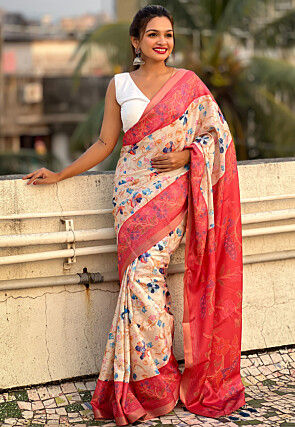 Printed Tussar Silk Saree in Off White and Coral Red
