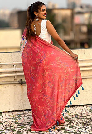 Printed Tussar Silk Saree in Off White and Coral Red