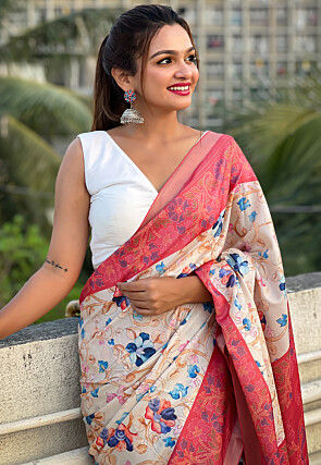 Printed Tussar Silk Saree in Off White and Coral Red