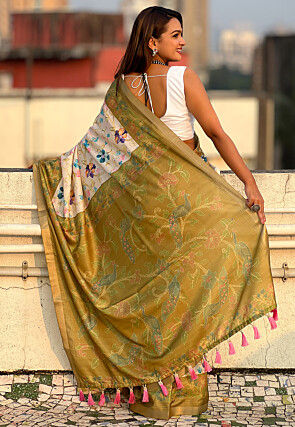 Printed Tussar Silk Saree in Off White and Green